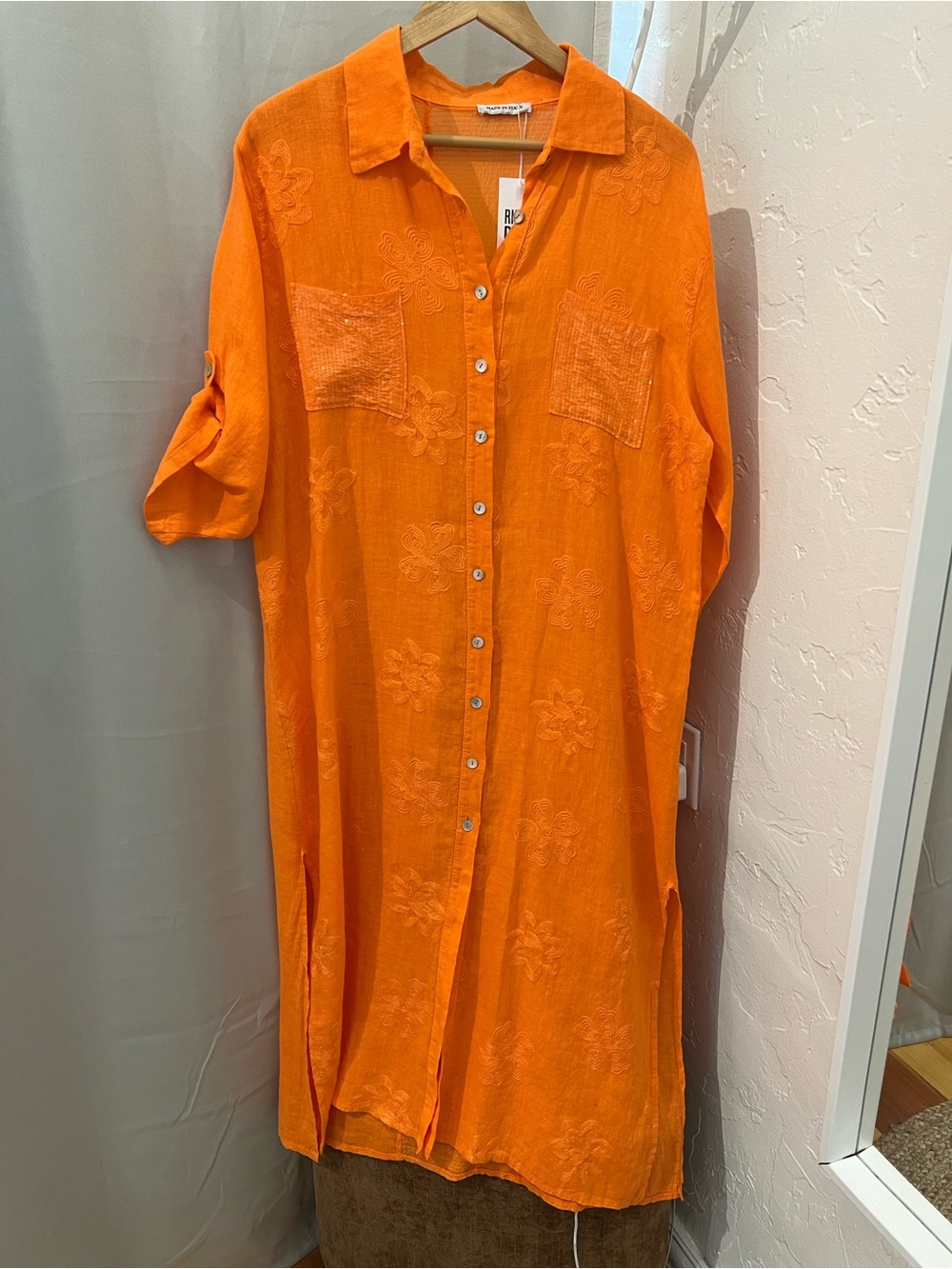Linen orange sequins button down dress